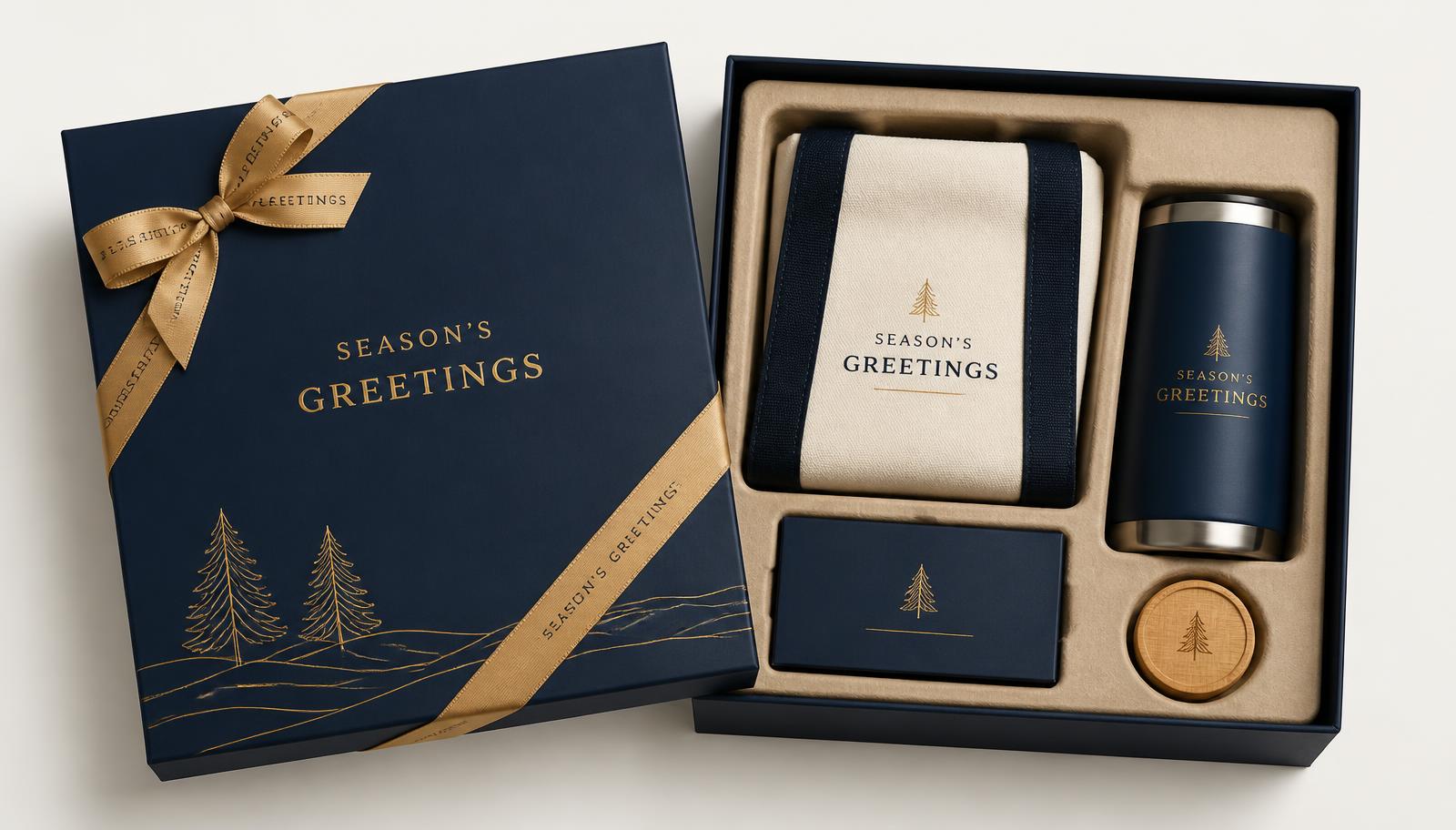 Navy rigid holiday gift box with gold foil ribbon, tote, tumbler and pulp insert