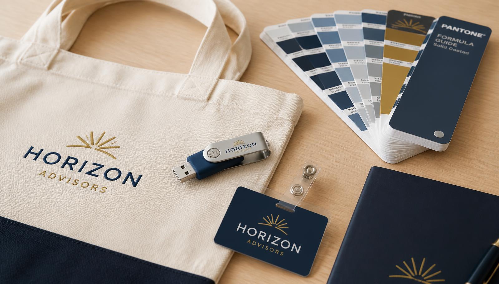 Embroidered canvas tote, printed USB drive, acrylic badge and Pantone swatch fan on a desk