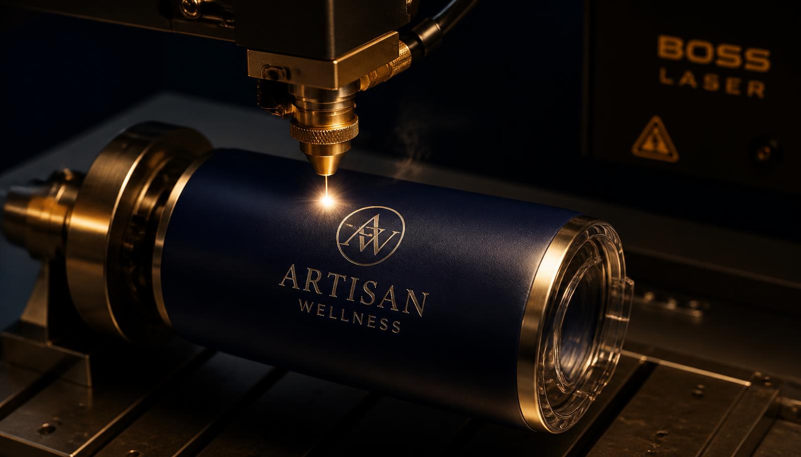 Laser head engraving a gold logo onto a navy stainless steel tumbler