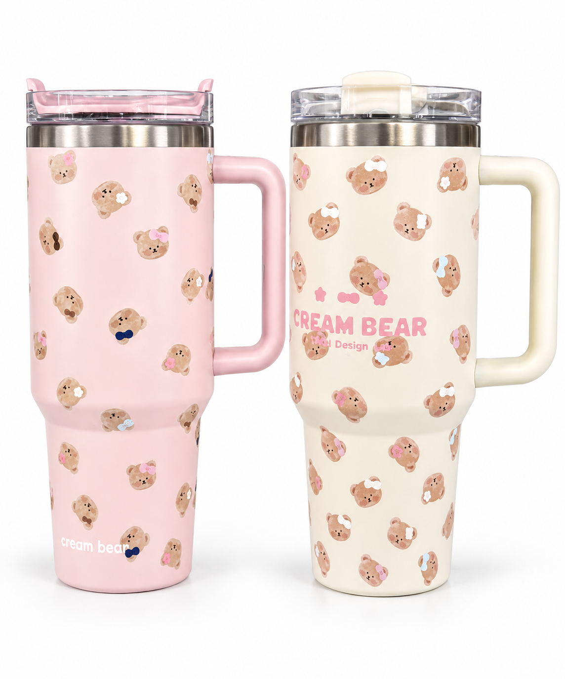 Cream Bear Insulated Travel Tumbler with Handle